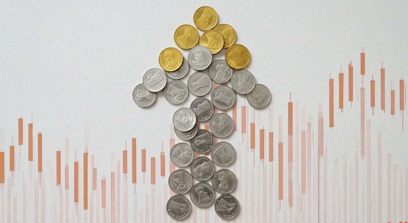 Silver trading dynamics depicted through an arrow made of coins over a financial chart.