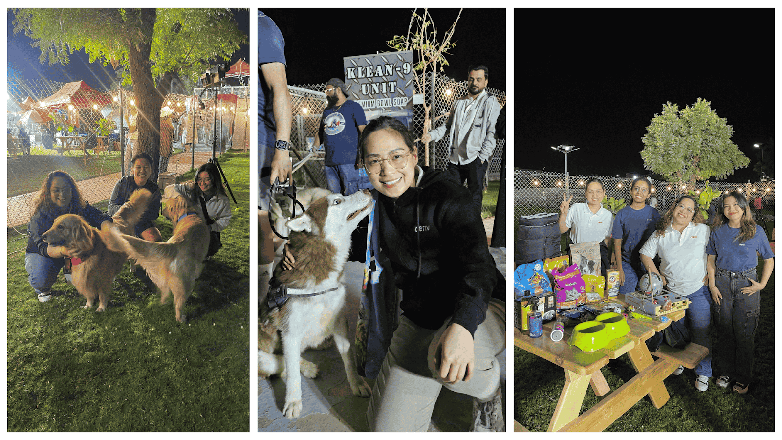 Deriv employees volunteering at Ras Al Khaimah (RAK) Animal Welfare Centre, interacting with dogs and donating supplies to support the animals.