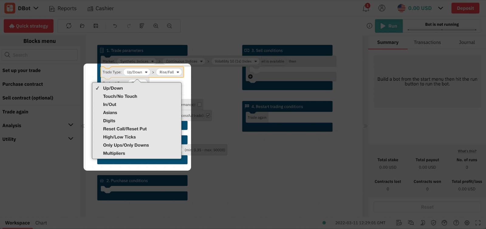 Types de transactions sur D Bot – Le trading bot de Deriv