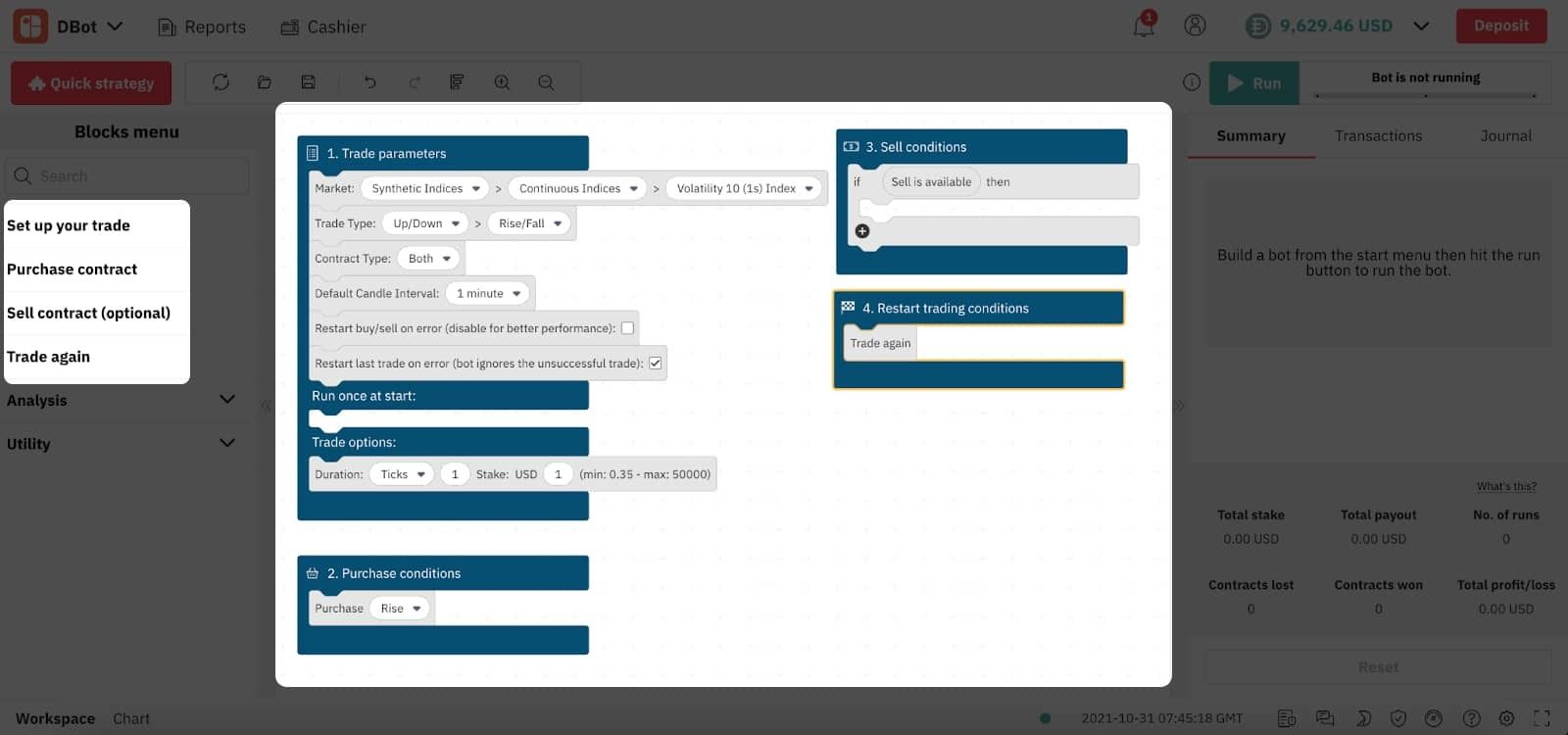 Blocs principaux sur D Bot – Le trading bot de Deriv