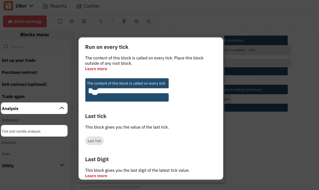  5,1. Blocchi di Analisi dei Tick e delle Candele su Deriv Bot – Trading Bot di Deriv