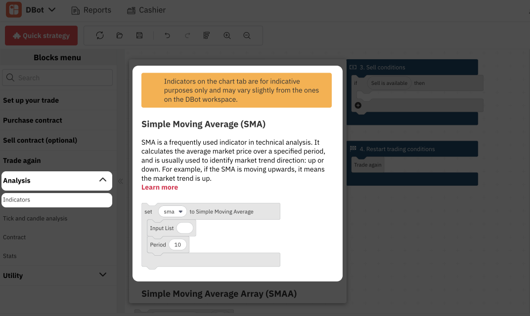 5,2. Blocchi di Indicatori Tecnici su Deriv Bot – Trading Bot di Deriv