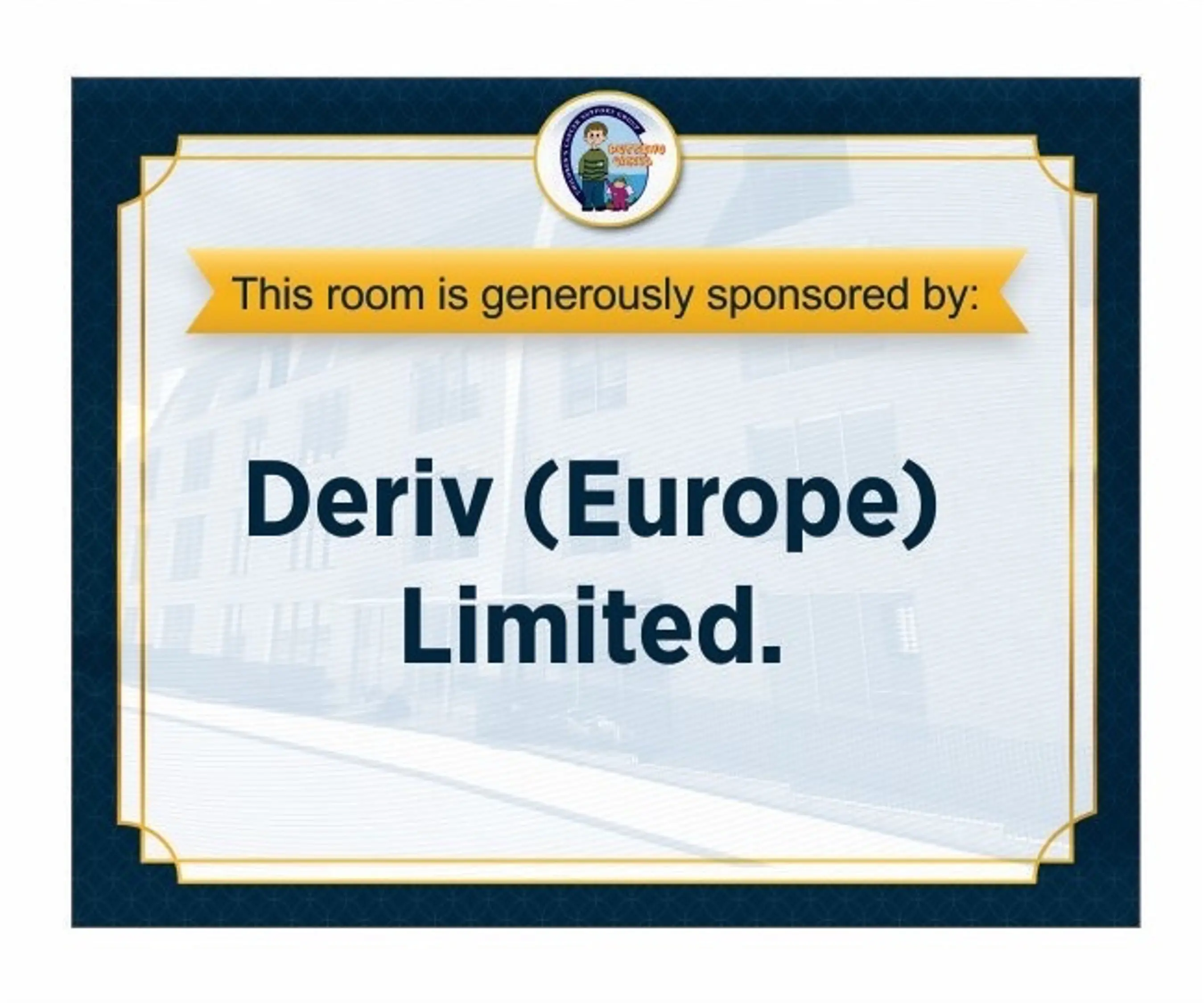 Plaque recognising Deriv (Europe) Limited as a room sponsor, with a gold banner stating "This room is generously sponsored by."