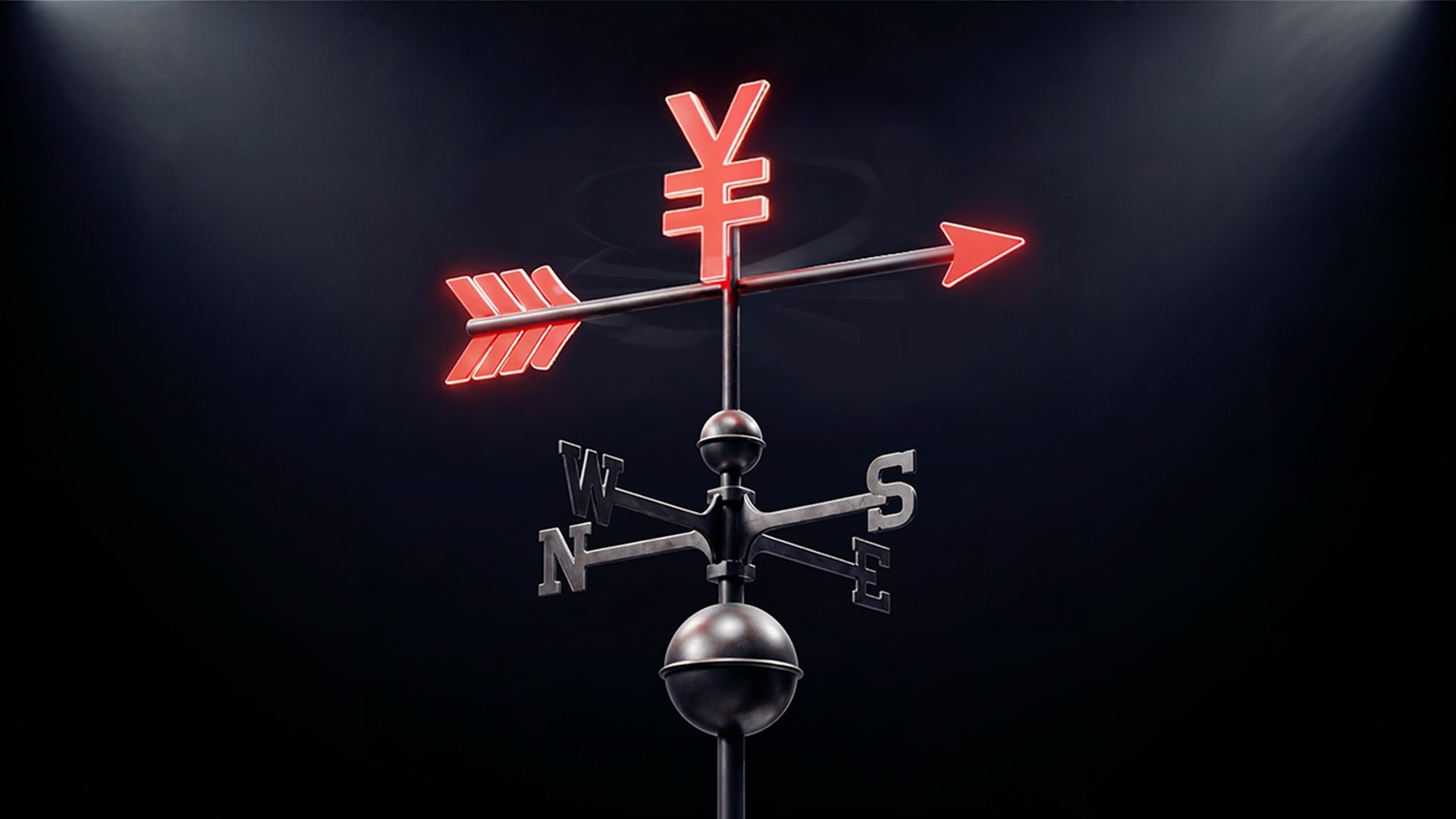 Alama ya yen nyekundu inayong'aa juu ya kipimwindu, ikiwakilisha mwelekeo wa soko na athari za sera za biashara kwa mabadiliko ya sarafu.