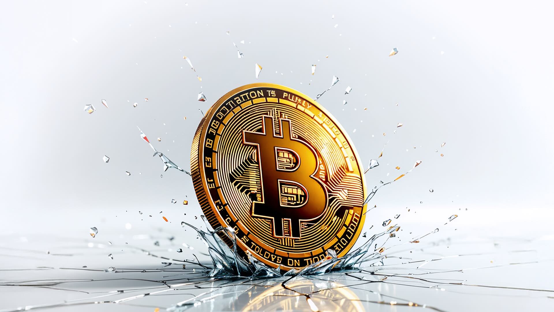 Kuporomoka kwa bei ya Bitcoin kumeonyeshwa kama sarafu inayovunjika kupitia sakafu ya kioo — ishara ya mabadiliko ya ghafla ya soko.