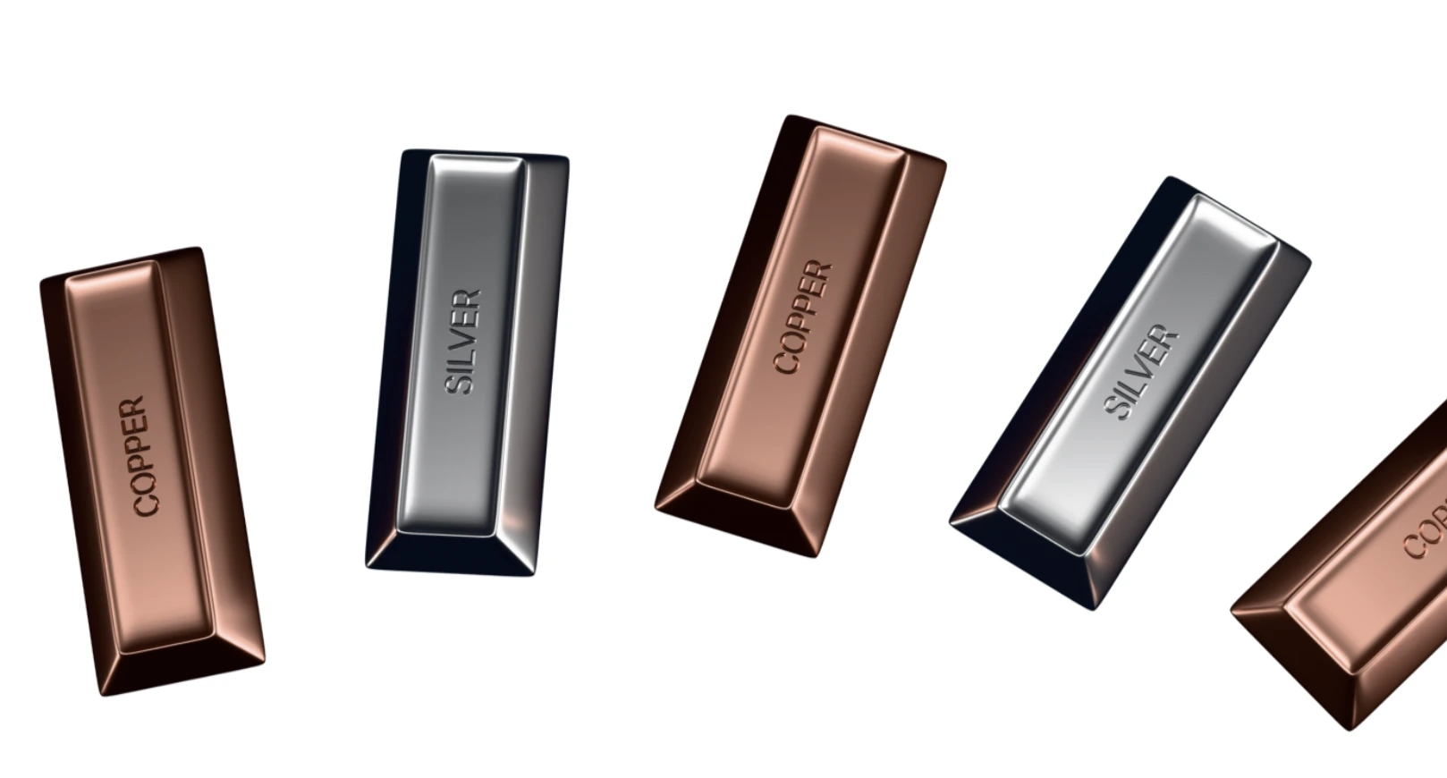 구리와 은 바가 상승하는 패턴으로 배열되어 있으며, 산업 금속 시장의 기세를 나타냅니다.