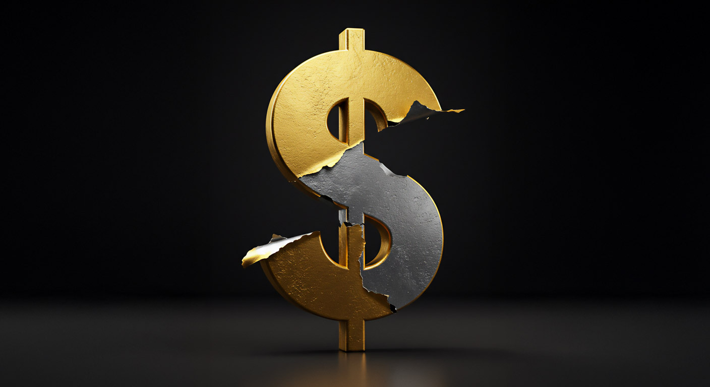 A gold US dollar symbol with its centre torn away to reveal silver underneath, symbolising the dollar's weakening status against gold.
