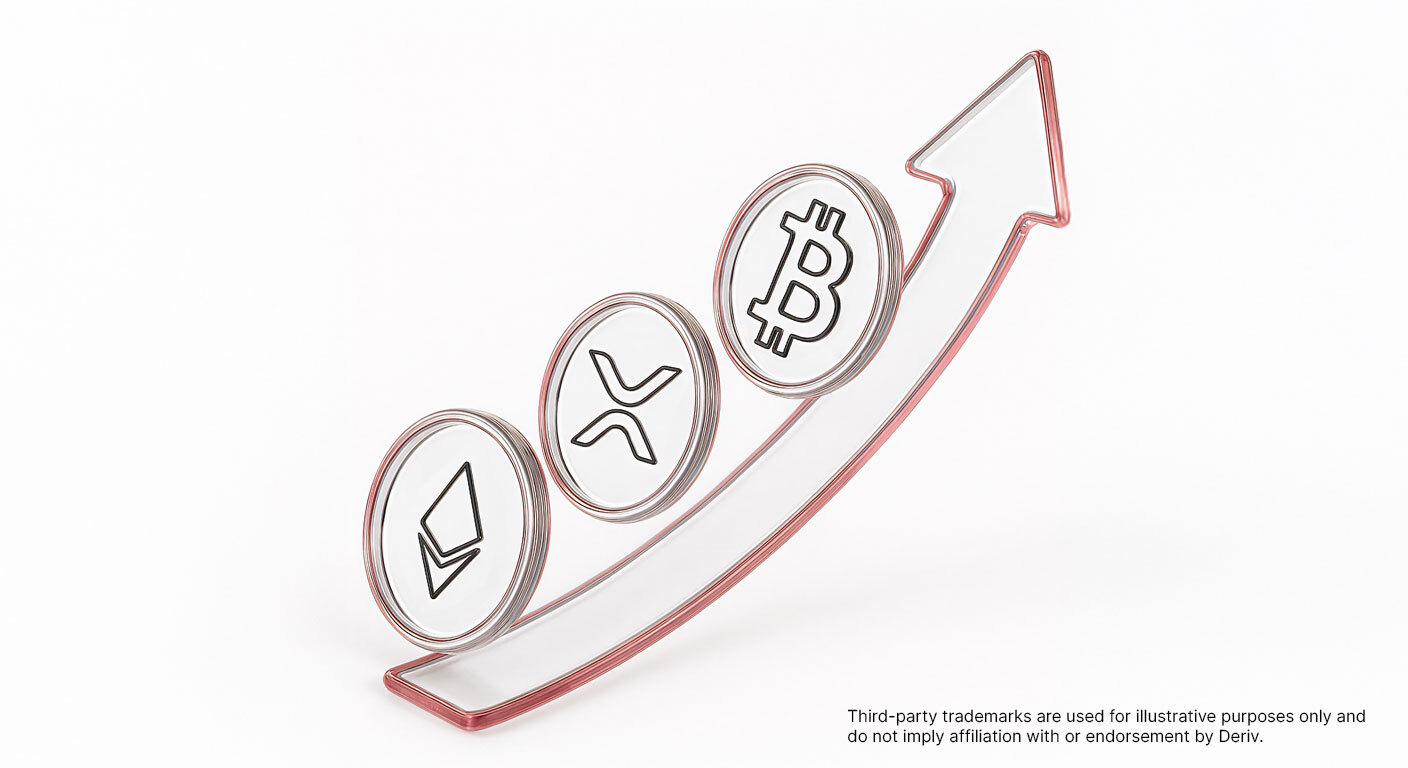 Stylized illustration of Ethereum, XRP, and Bitcoin logos arranged on an upward-curving arrow