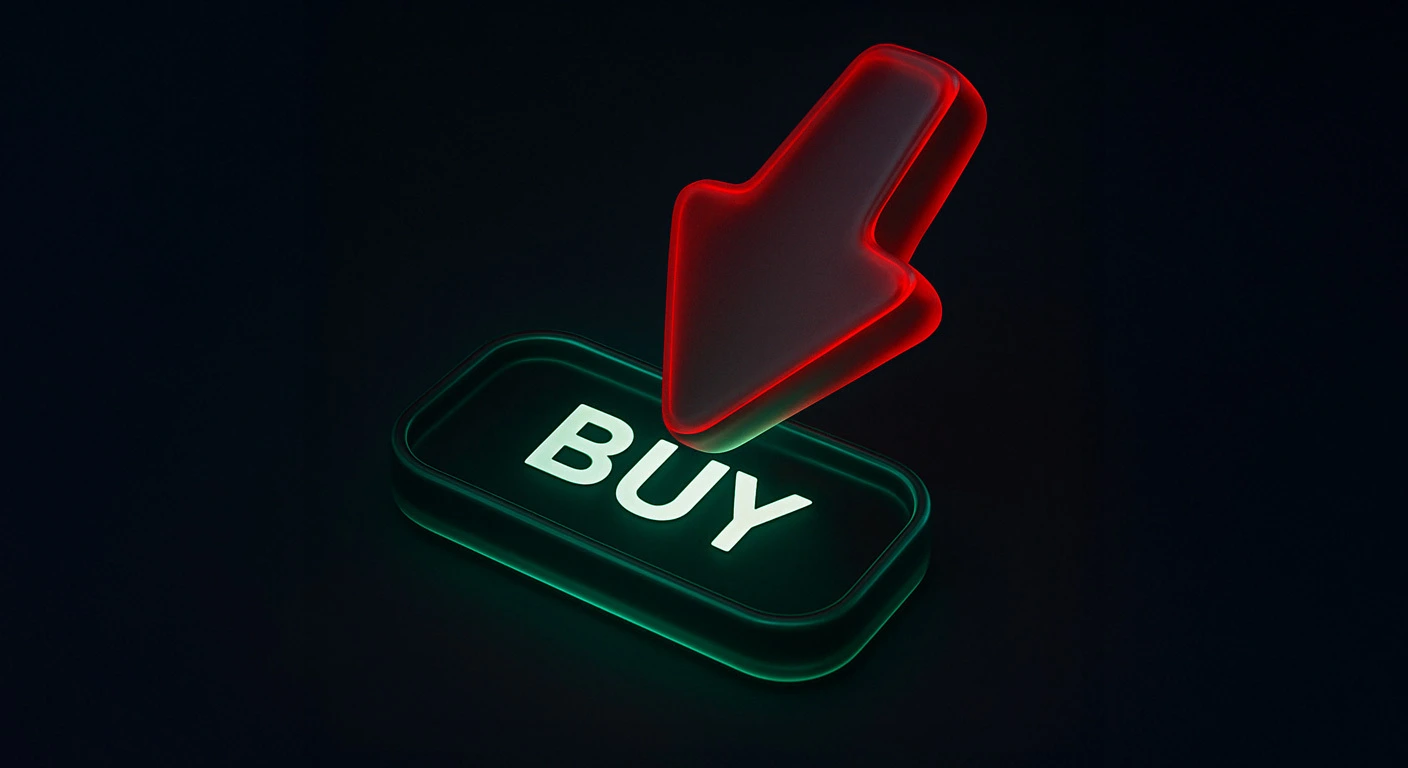 A glowing green 'BUY' button with a large red downward arrow pointing at it, symbolising a market dip as a potential buying opportunity.