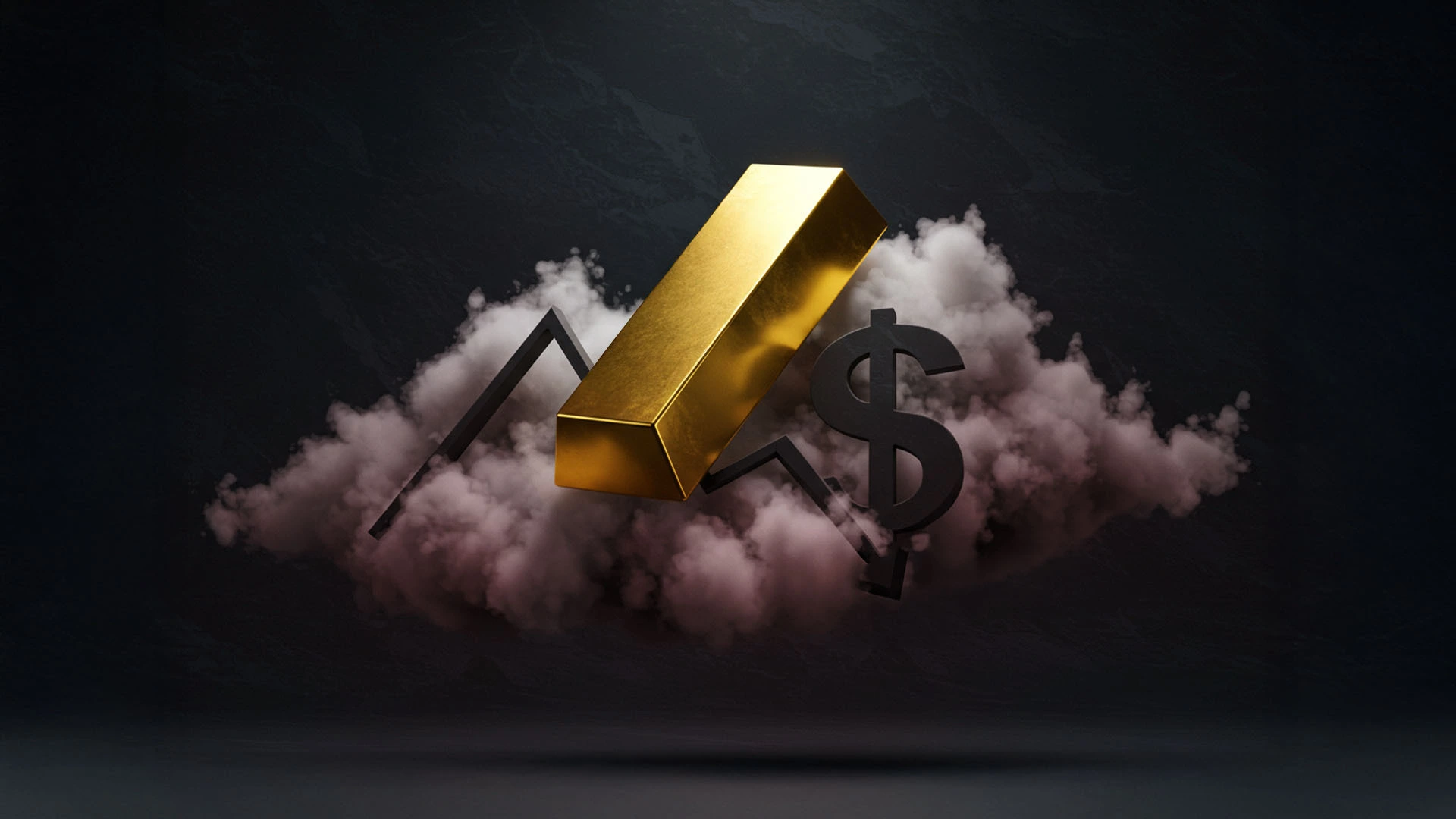 A gold bar floating above a cloud with a dark zigzag line representing market volatility and a dollar sign, symbolising the relationship between gold prices, economic uncertainty, and stagflation.