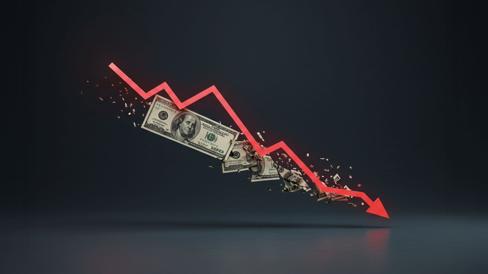 USD/JPY decline illustrated by falling US dollars and a red downward trend line, reflecting forex market volatility