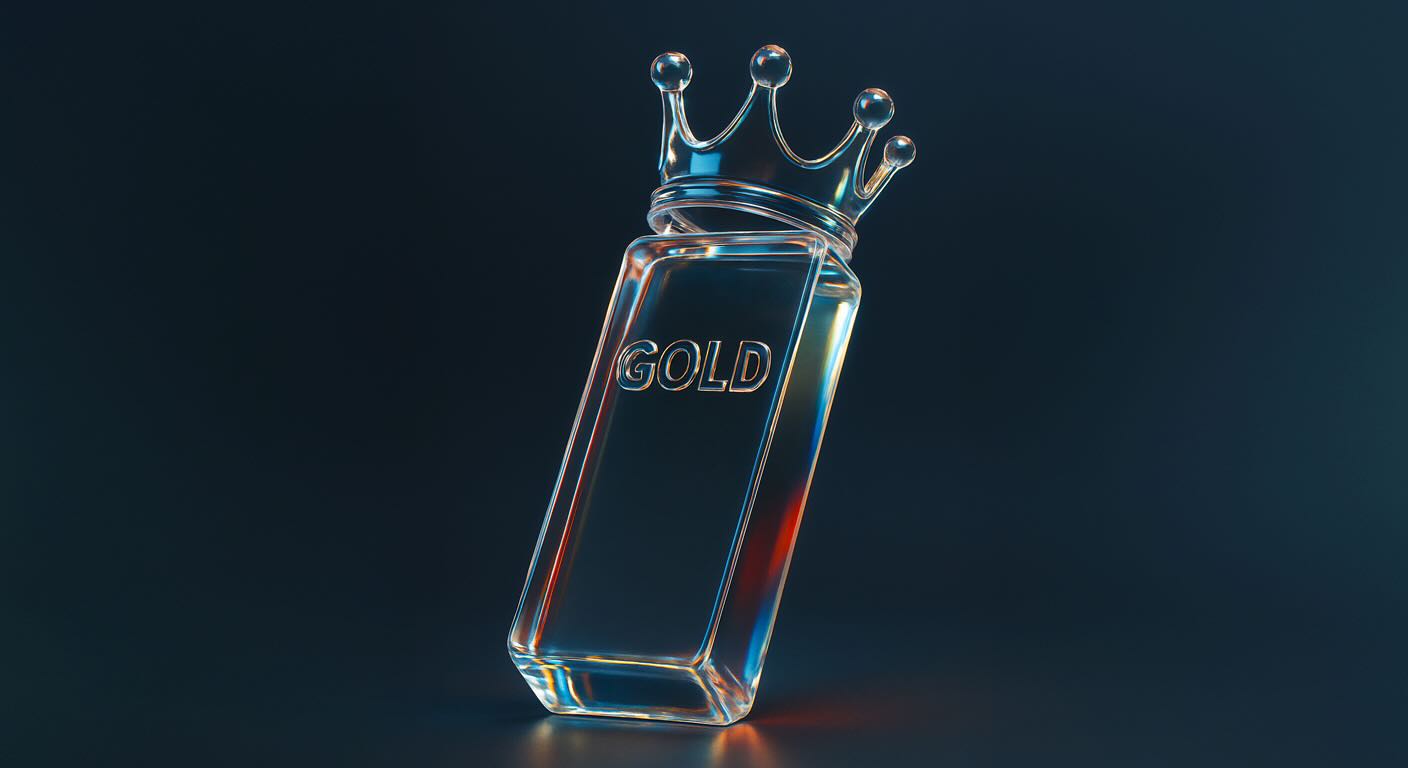 A transparent glass bar with the word "GOLD" etched on its surface, topped with a glass crown