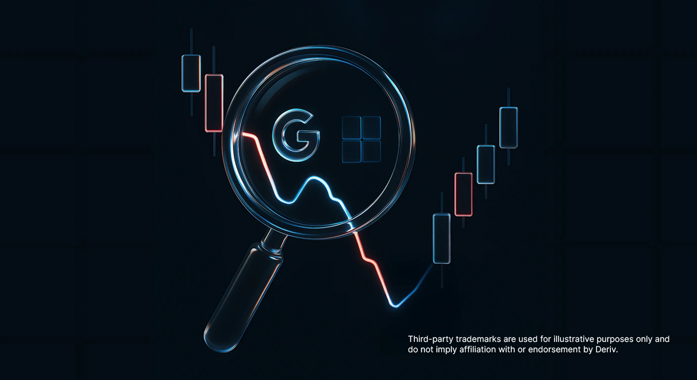 Illustration featuring a magnifying glass highlighting Alphabet (Google) and Microsoft logos