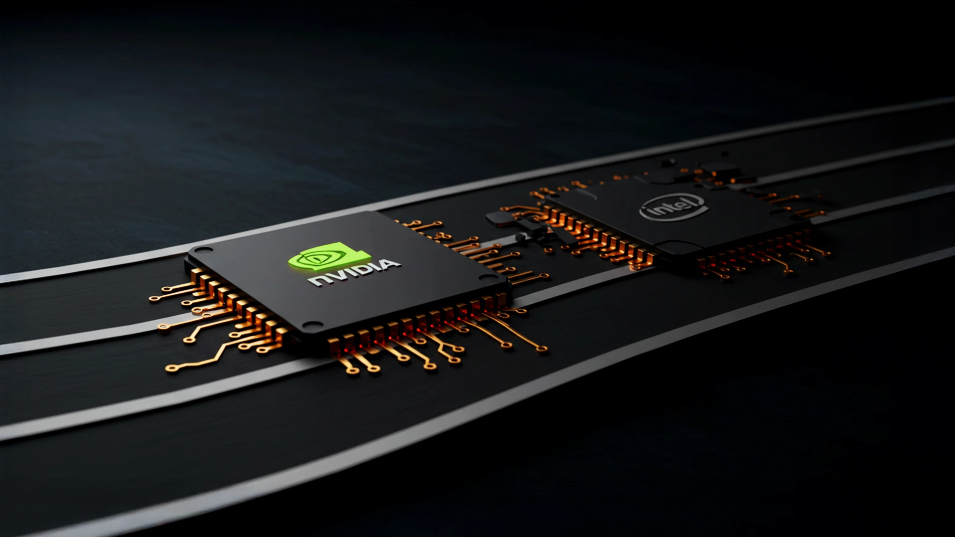 3D illustration of Nvidia and Intel computer chips on parallel circuit tracks, with the Nvidia chip appearing larger and ahead, symbolising competition and contrasting momentum in the AI chip industry.