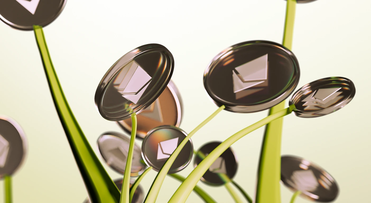 Abstract illustration of metallic Ethereum coins growing on green stems like flowers, symbolising the growth or flourishing of cryptocurrency.