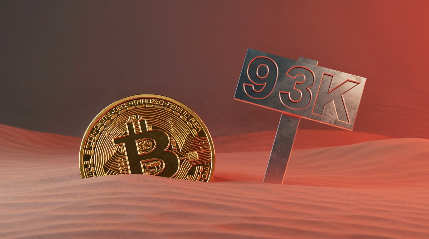 A Bitcoin partially buried in red sand next to a metallic sign reading '93K', symbolizing Bitcoin's struggle around the $93,000 price level