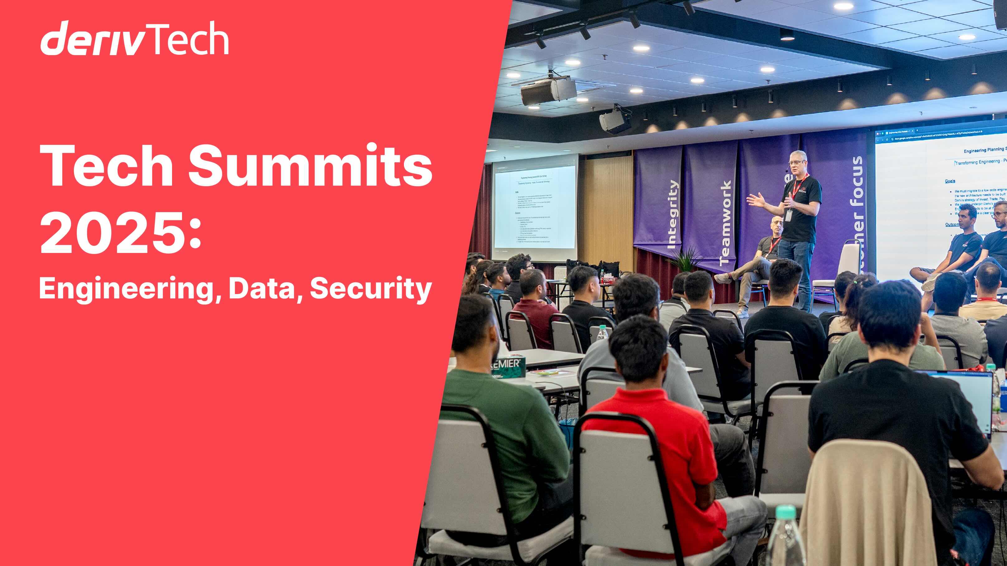 A speaker presents at Deriv Tech Summit 2025 to an audience of engineering, data, and security professionals, discussing AI-driven trading innovations.
