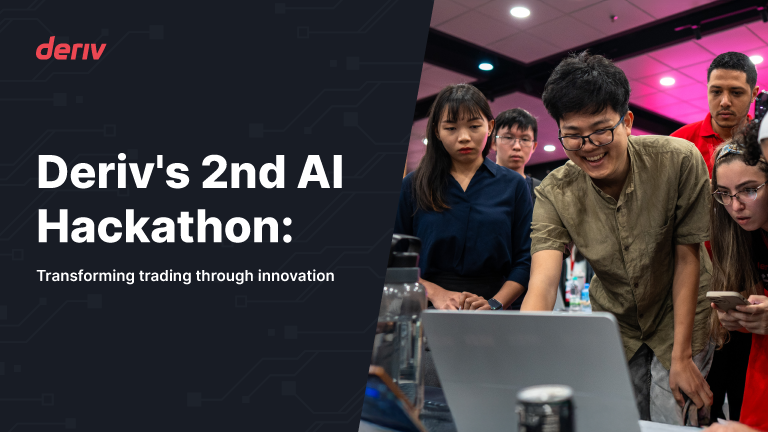 Participants at Deriv’s 2nd AI Hackathon collaborating on a project, displaying innovation in trading through AI-driven solutions.