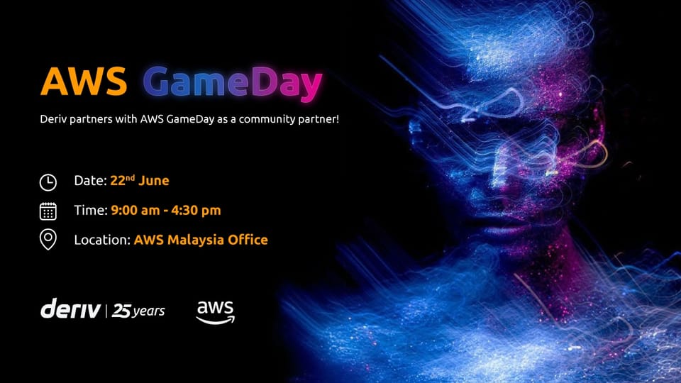 AWS GameDay banner mentioning Deriv as a community partner and details of the event.