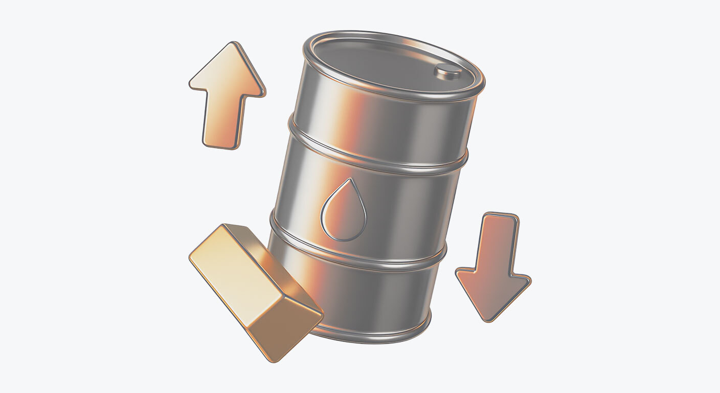 3D illustration of an oil barrel and a gold bar with arrows pointing upward and downward, representing fluctuating commodity prices for oil and gold.