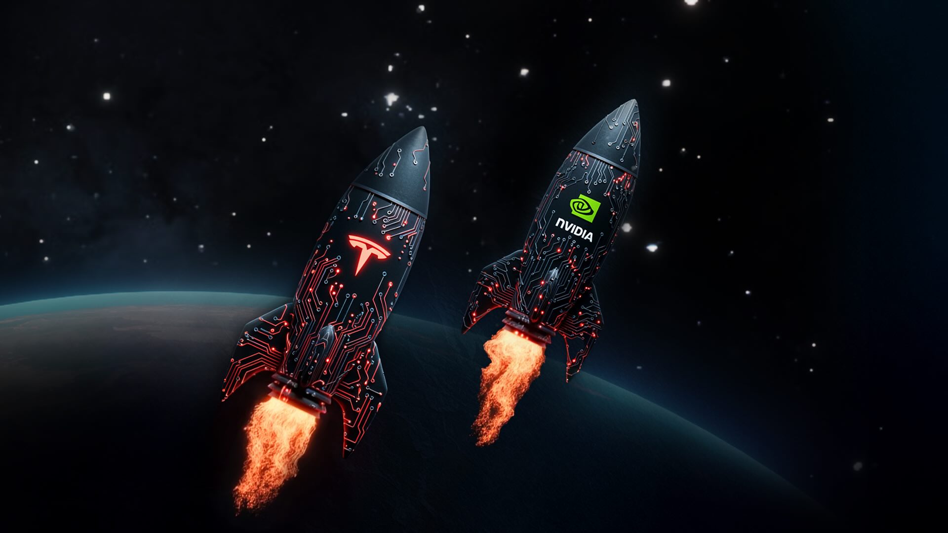 Tesla and Nvidia rockets launching into space, symbolizing tech growth.
