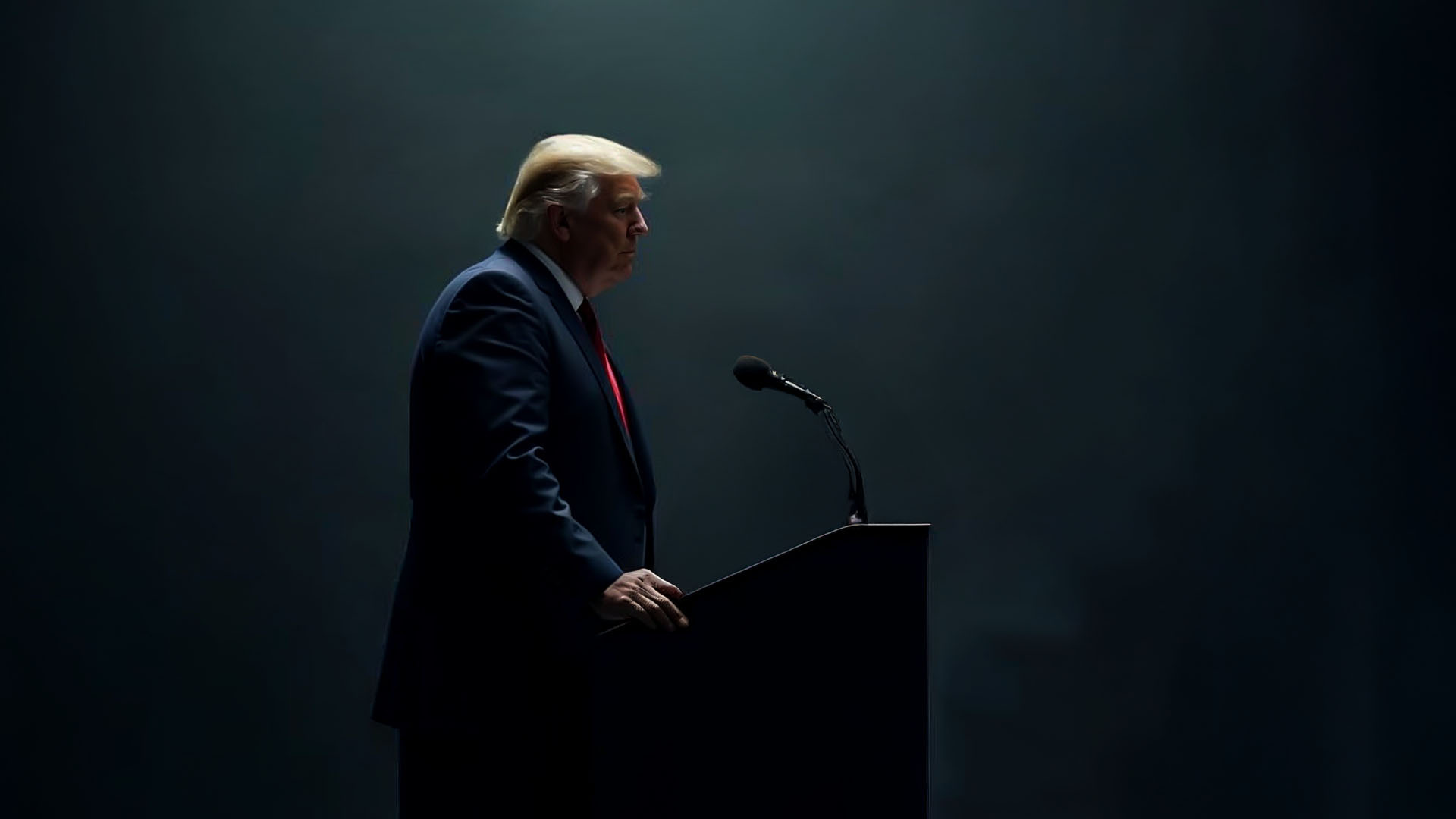 Donald Trump speaking solemnly at a podium in dim lighting.