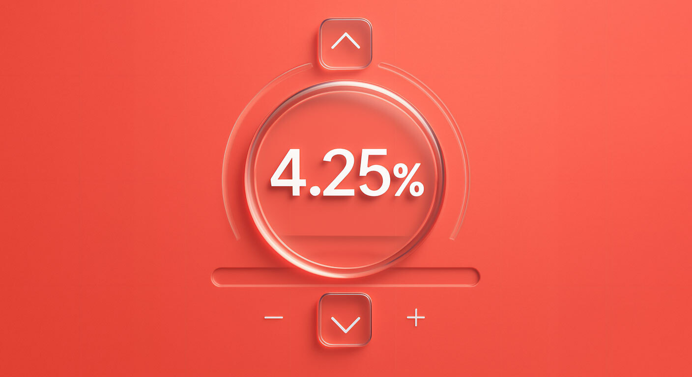 Interest rate dial set to 4.25%, reflecting the Bank of England’s latest rate cut and possible start of a cutting cycle.