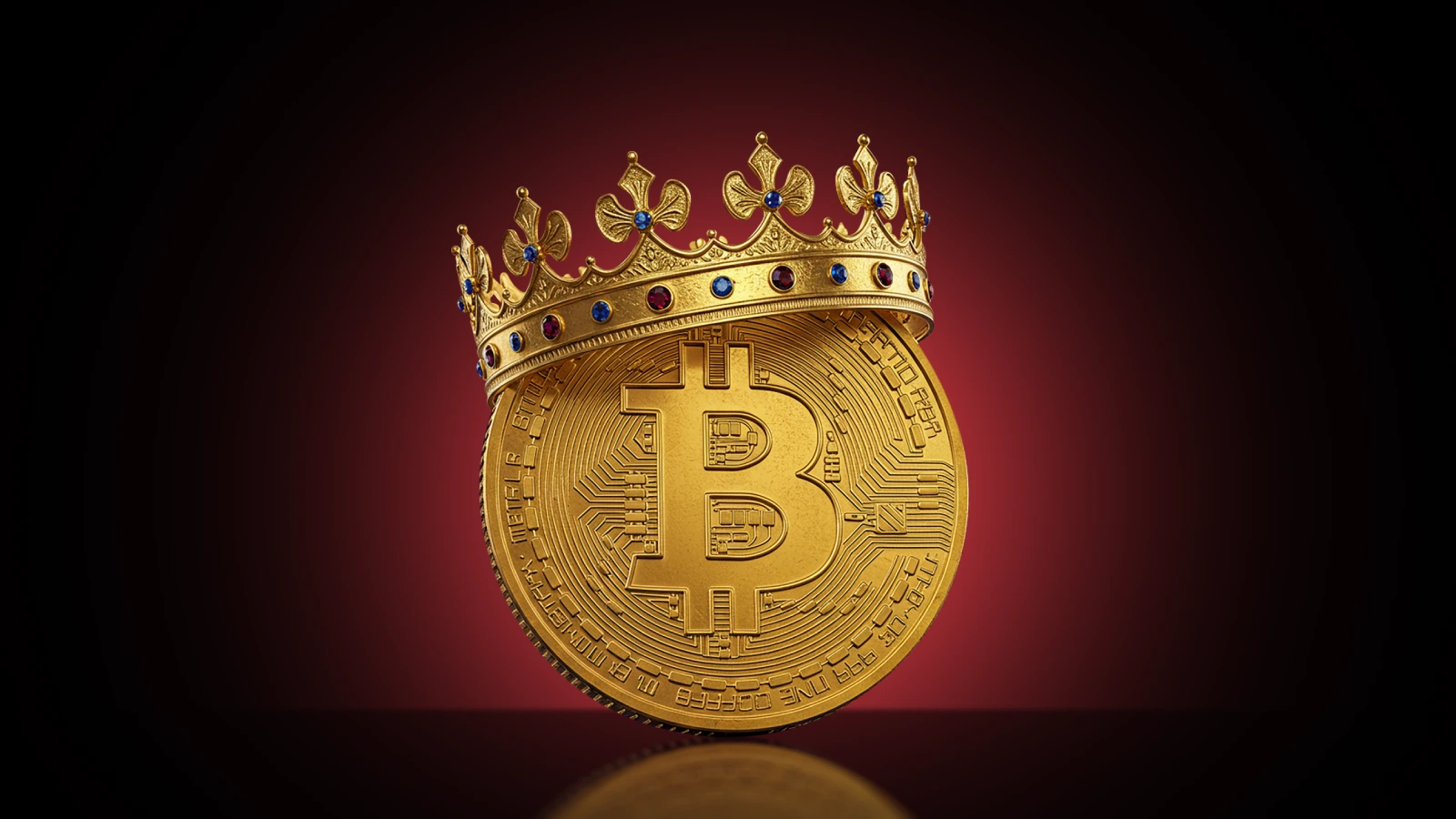 A gold Bitcoin coin wearing a jeweled royal crown, symbolizing Bitcoin’s dominance and status as the "king" of cryptocurrencies, set against a dramatic red and black gradient background