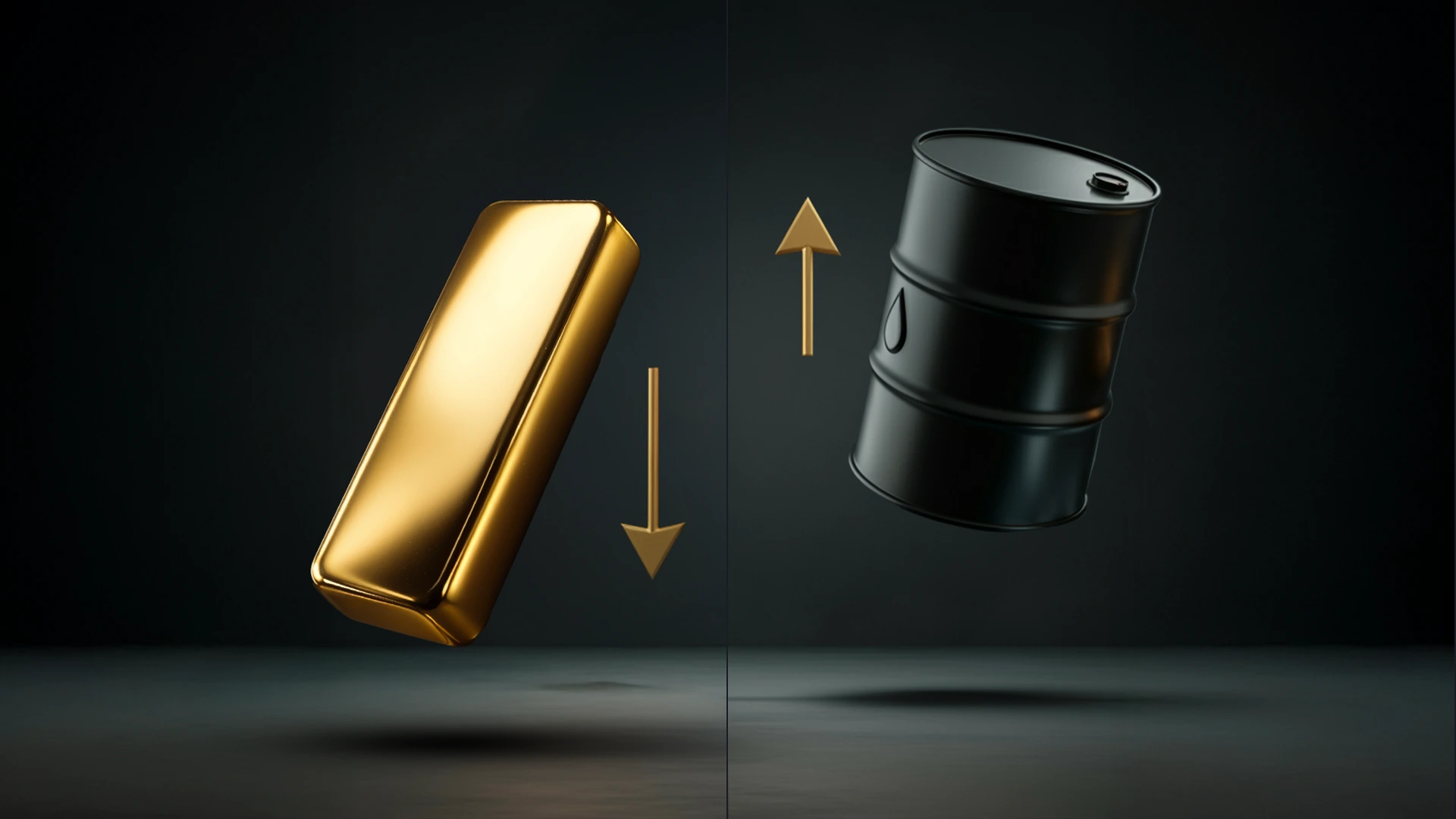 왼쪽에는 아래 화살표가 있는 금괴, 오른쪽에는 위 화살표가 있는 검은색 석유 배럴을 보여주는 스타일화된 이미지로, 금과 석유의 반대 방향 가격 움직임을 나타냅니다.