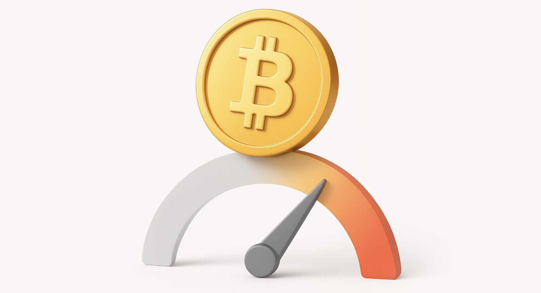 Một hình minh họa 3D của một đồng Bitcoin đang cân bằng trên đầu một đồng hồ đo nửa vòng, với kim chỉ hướng về phía cao.