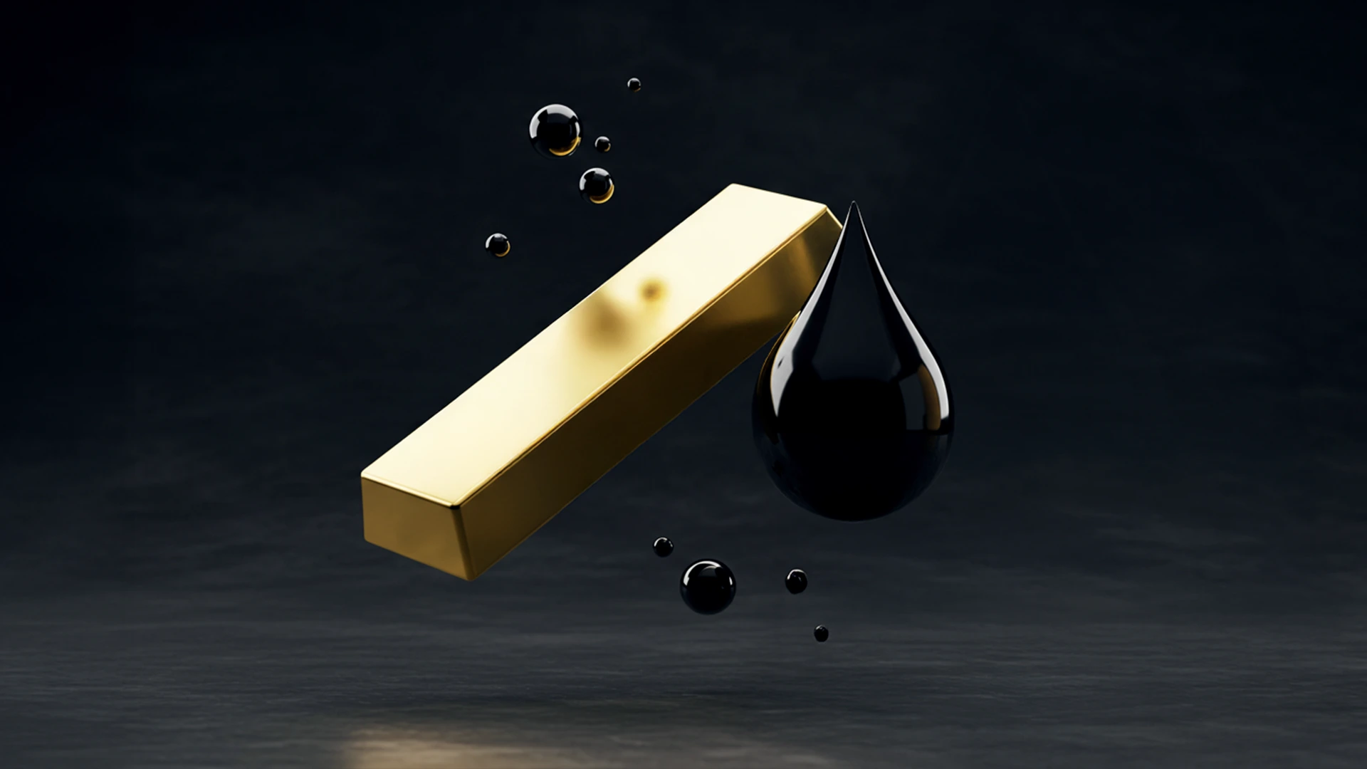 Karanlık, minimalist bir arka plan üzerinde yüzen bir altın külçesi ve büyük siyah bir petrol damlası ile çevresinde daha küçük siyah damlacıkların yer aldığı stilize edilmiş 3D render.