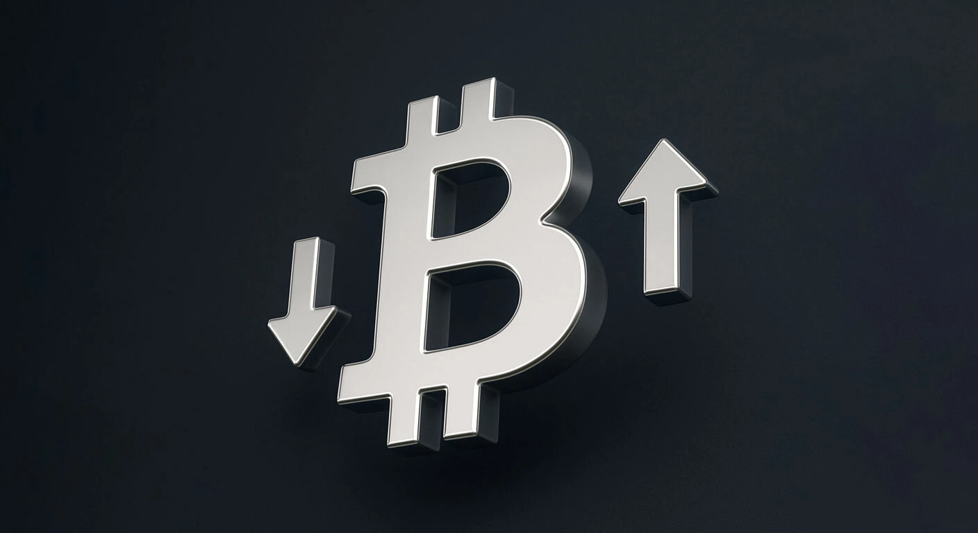 Karanlık bir zemin üzerinde yukarı ve aşağı oklarla 3D metalik Bitcoin simgesi, kripto para biriminde fiyat volatilitesi ve piyasa belirsizliğini temsil ediyor.