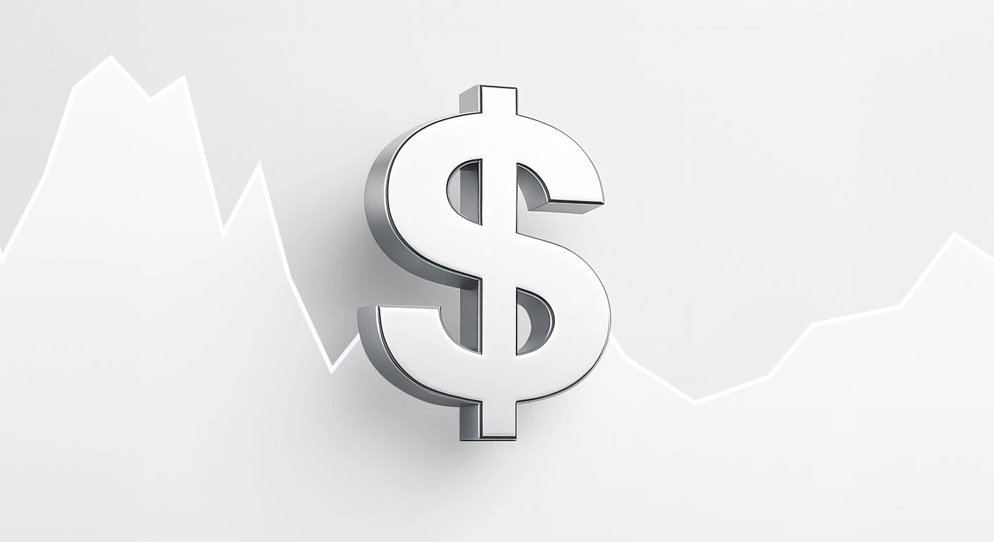 Metall ko‘rinishdagi 3D dollarning belgi ($) engil kulrang fon ustida, orqa fonda esa oq rangdagi nozik chiziqli grafik ko‘rsatilgan.