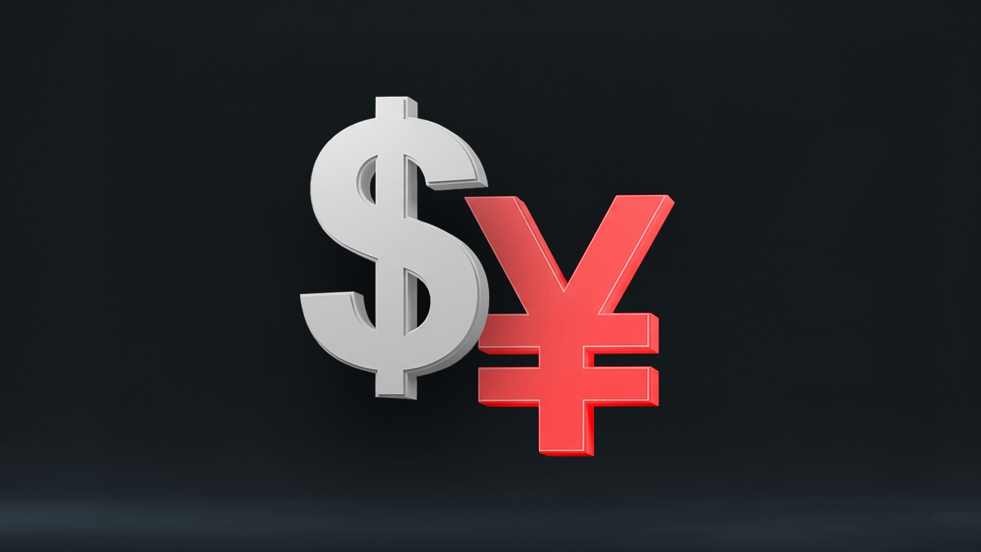 Rendu 3D des symboles monétaires du dollar américain et du yen japonais, le dollar en argent et le yen en rouge, symbolisant la dynamique des taux de change entre les deux devises.