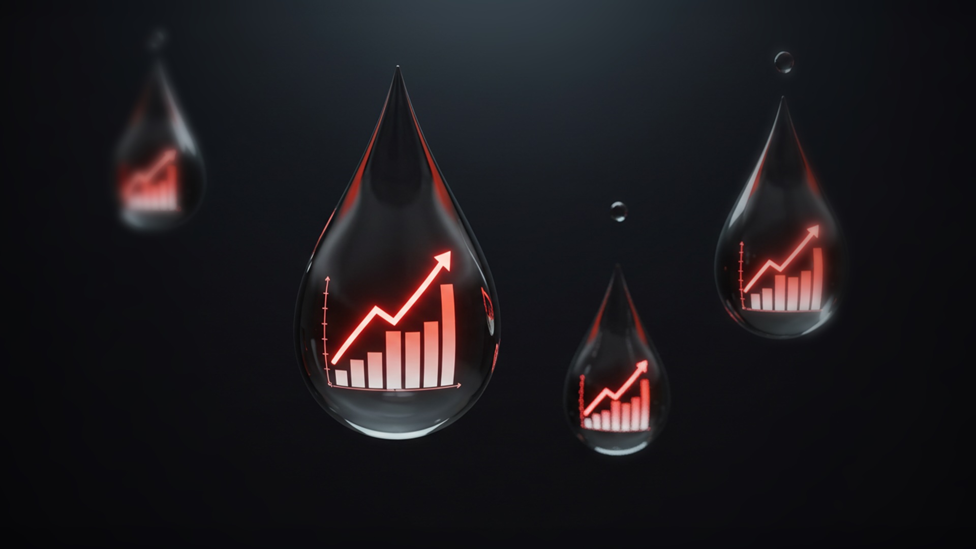 Gotas de petróleo pretas renderizadas em 3D com gráficos financeiros vermelhos brilhantes no interior, apresentando gráficos de barras e linhas com tendência ascendente, simbolizando o aumento dos preços do petróleo ou o crescimento do mercado.