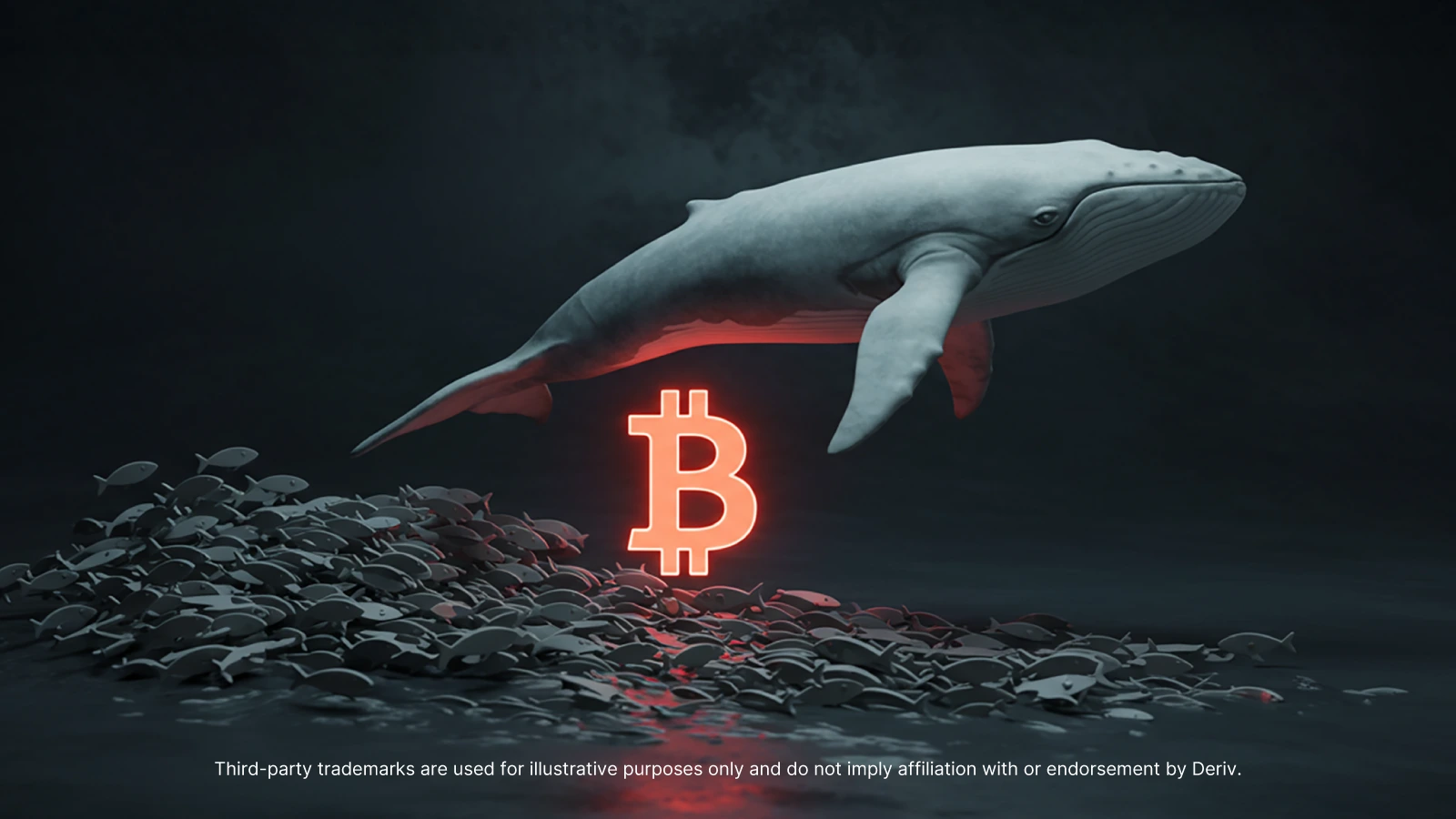 Illustration d'une grande baleine nageant au-dessus d'un symbole Bitcoin lumineux entouré d'un banc de petits poissons