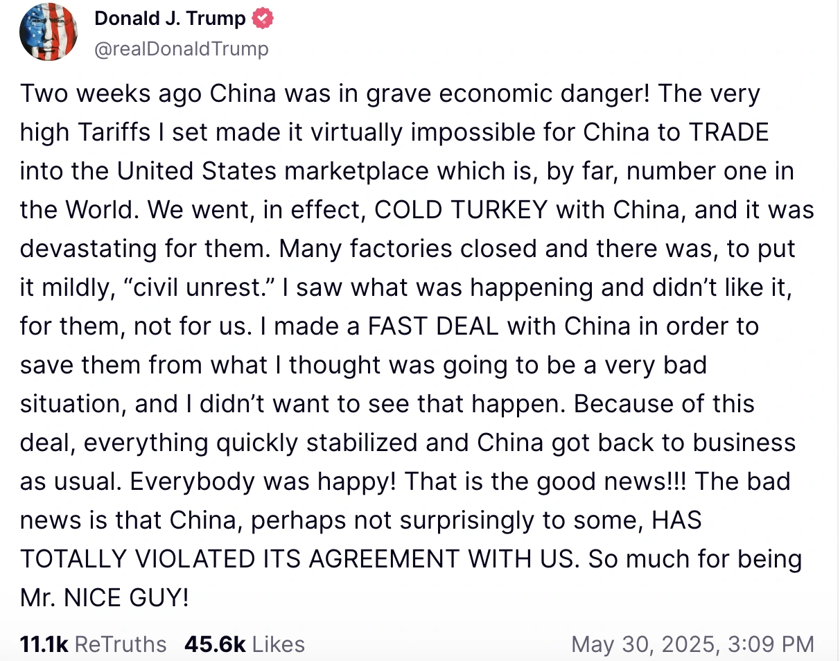 Ảnh chụp màn hình bài đăng trên Truth Social của Donald Trump, cáo buộc Trung Quốc vi phạm thỏa thuận thương mại ký ở Geneva