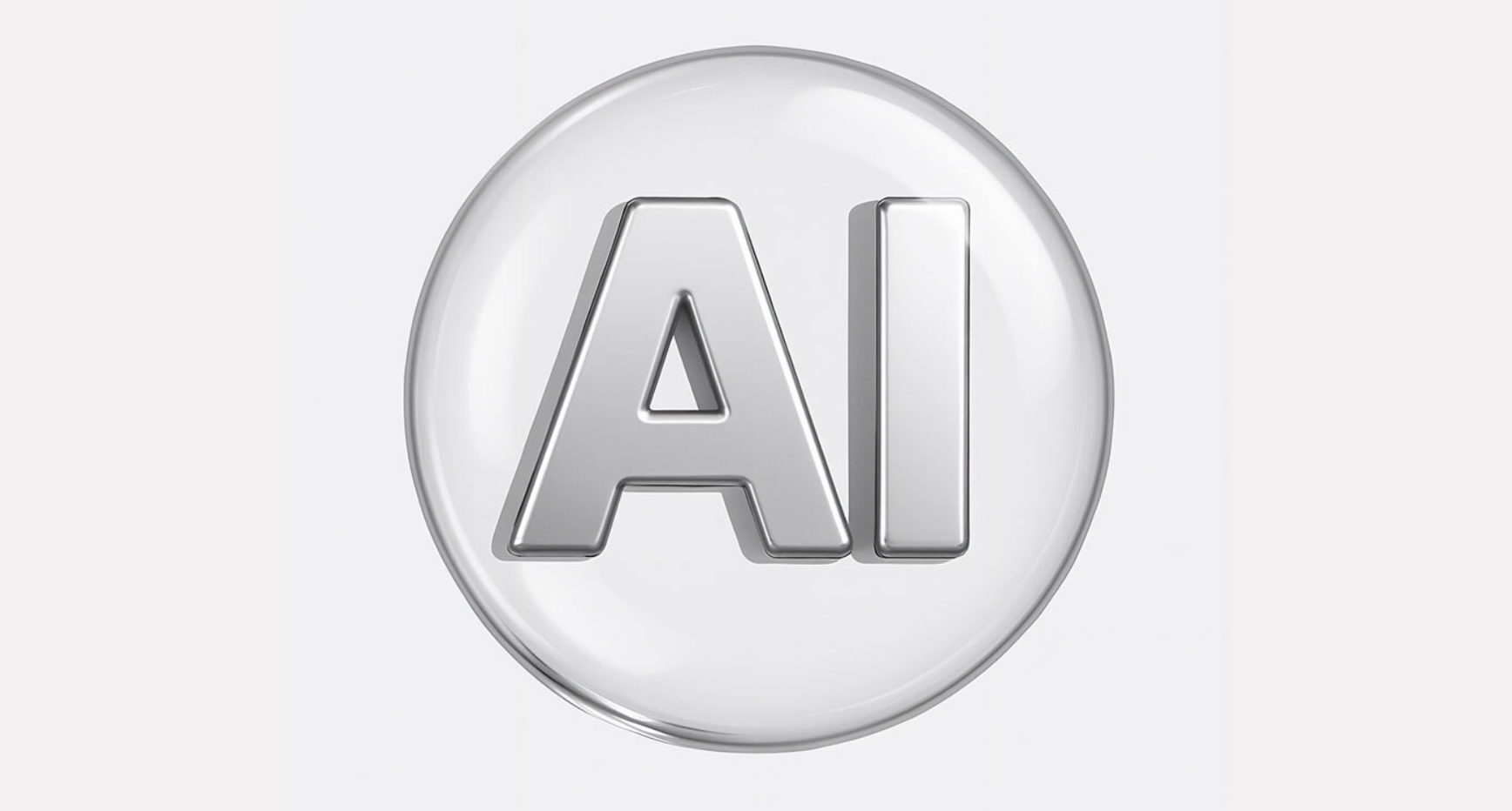 3D-изображение металлических букв «AI», заключённых в блестящий прозрачный пузырь на светло-сером фоне, символизирующем искусственный интеллект и его футуристическую привлекательность.