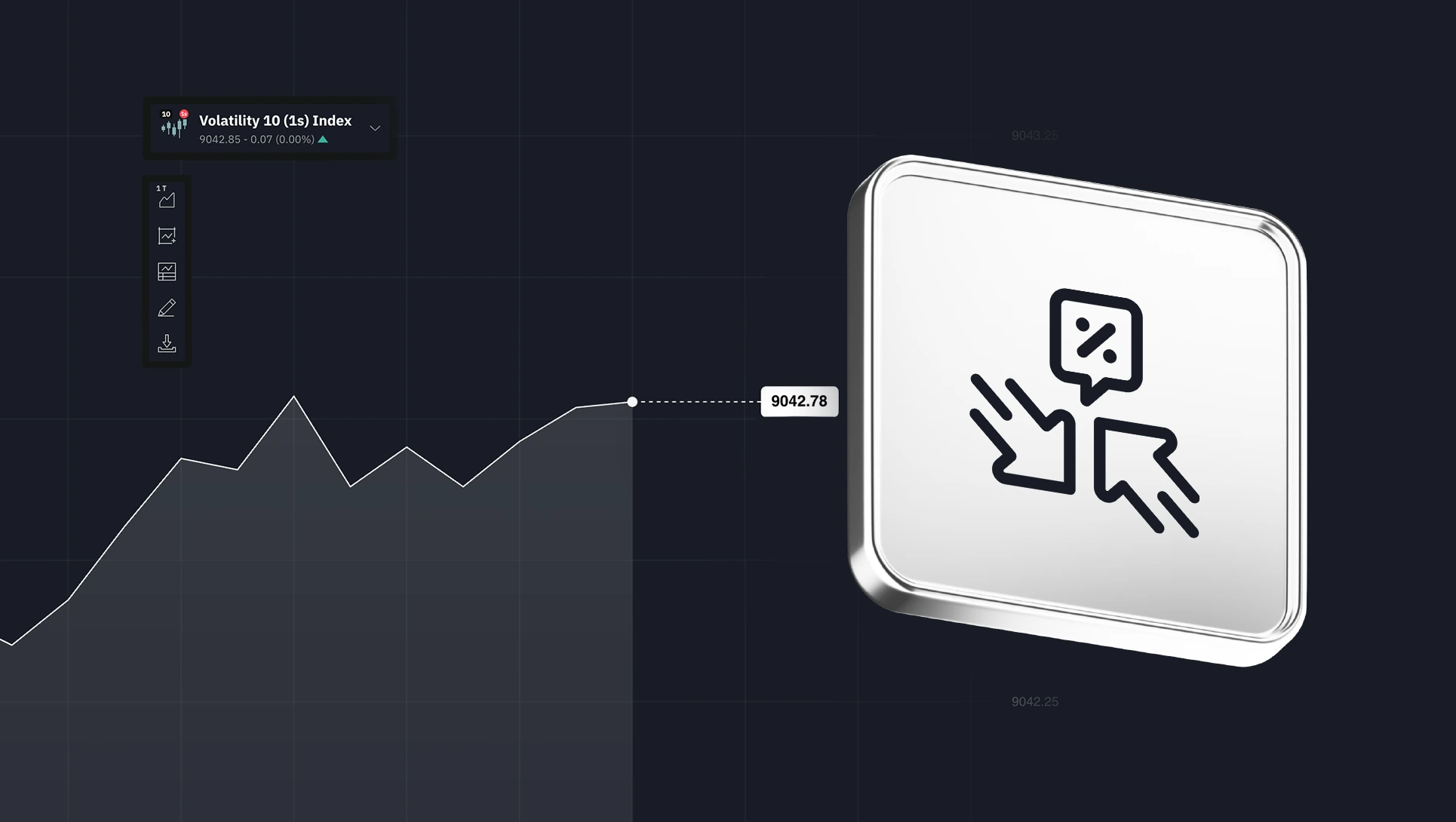 مخطط لمؤشر Volatility 10 (1s)، يوضح فروق الأسعار المخفضة مع أيقونات التحليل المالي على خلفية داكنة