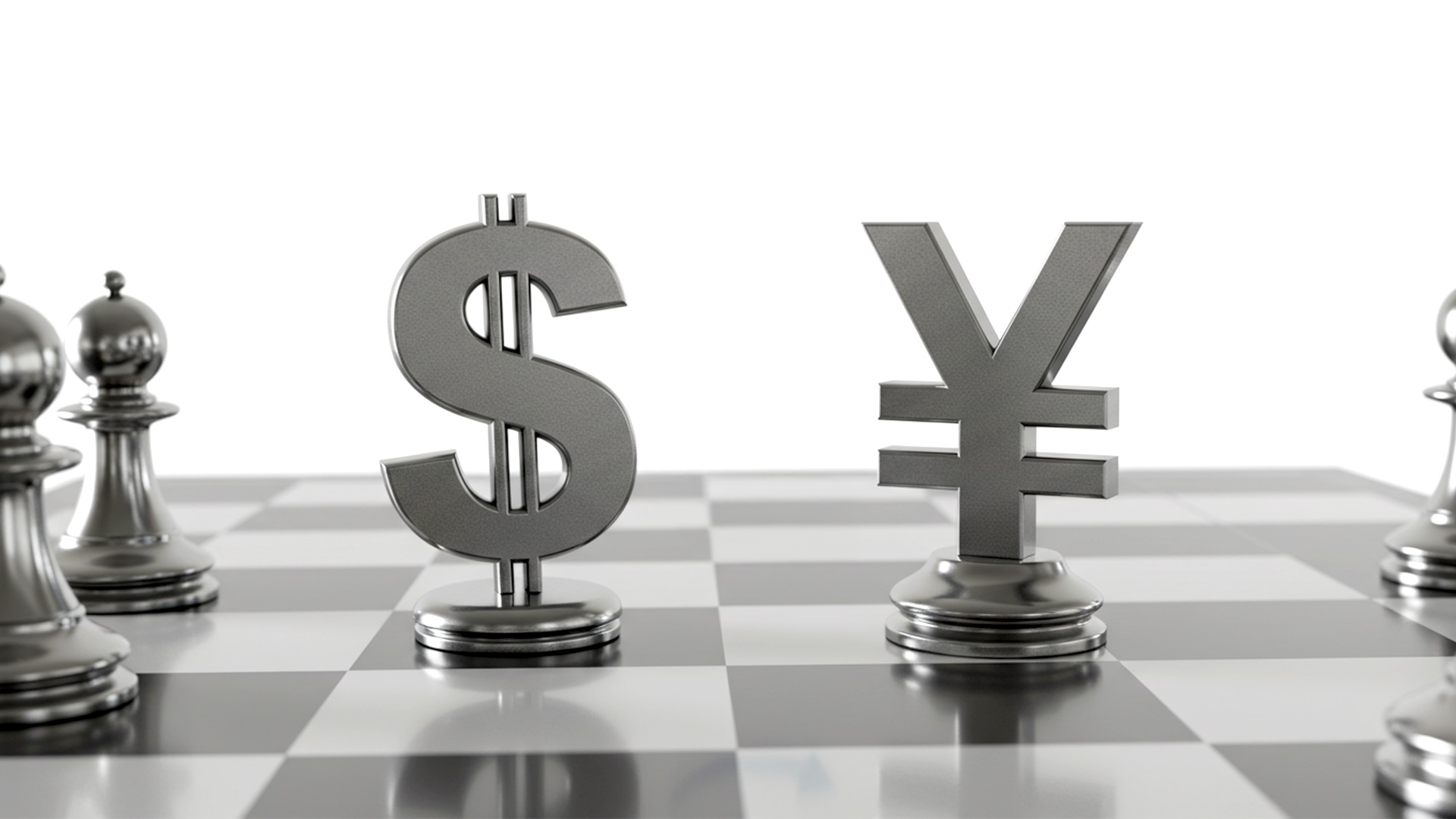 3D 轉譯圖顯示銀色 dollar 和 yen 貨幣符號像棋子一樣擺在黑白棋盤上，周圍環繞著其他金屬棋子。