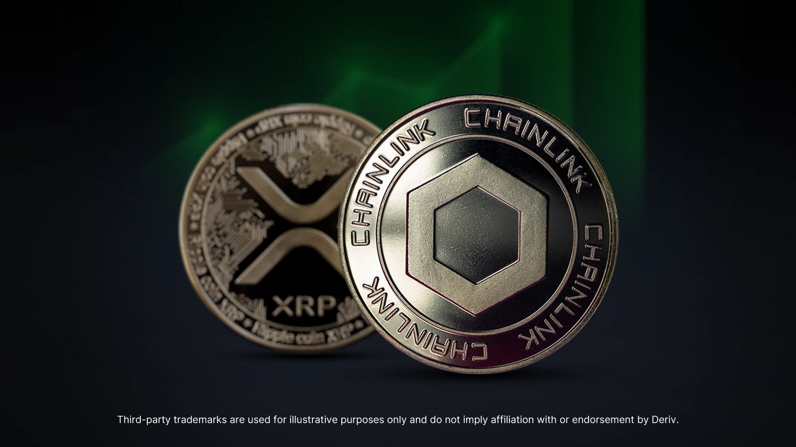 Các biểu tượng vật lý của đồng Chainlink và XRP đứng thẳng trên nền tối với biểu đồ màu xanh lá hướng lên trên, tượng trưng cho giá trị tiền điện tử ngày càng tăng.