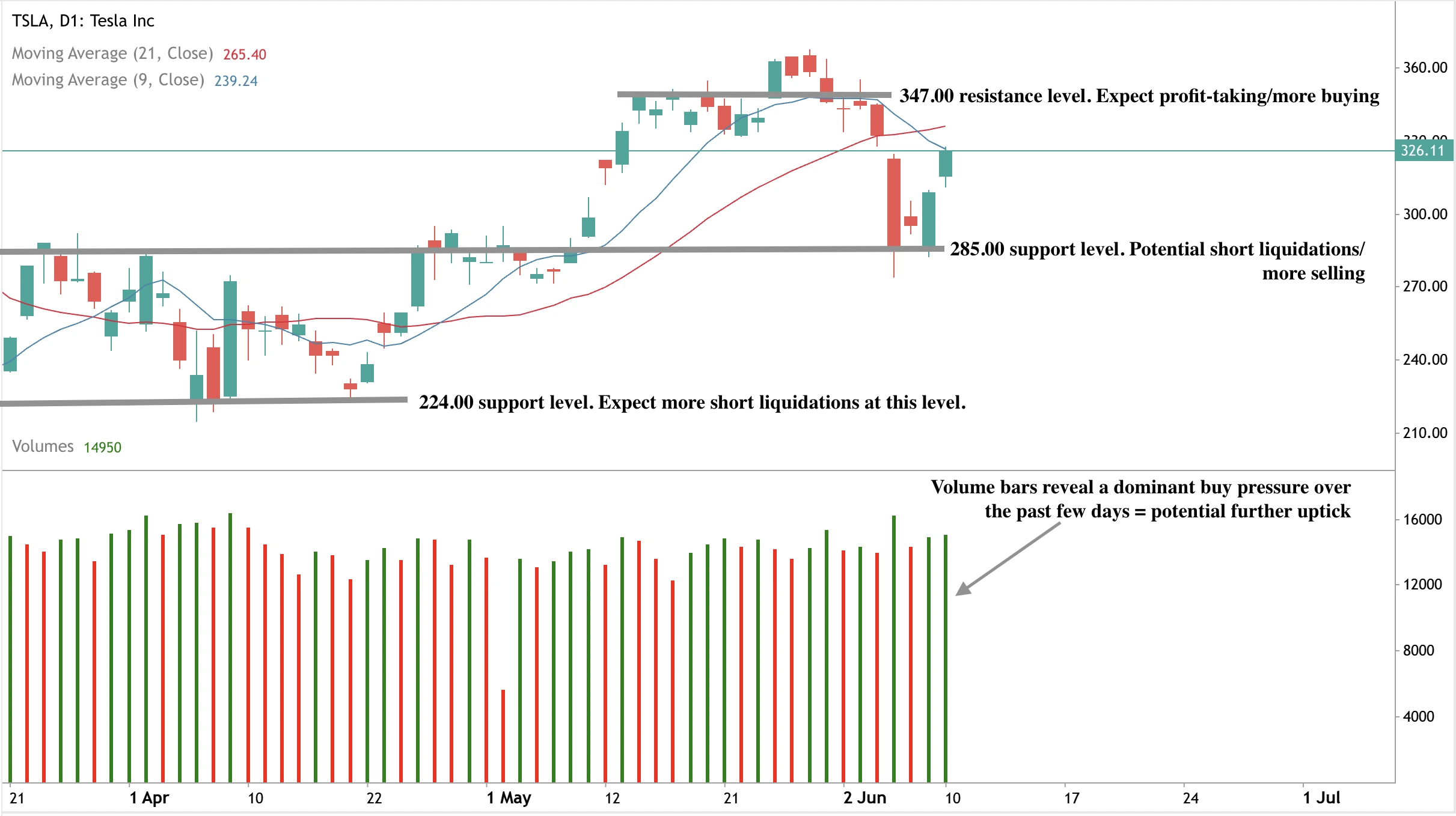 Tesla stock chart displaying a recent rebound from support levels at $285.00 and $224.00, with bullish momentum possibly targeting resistance at $347.00.