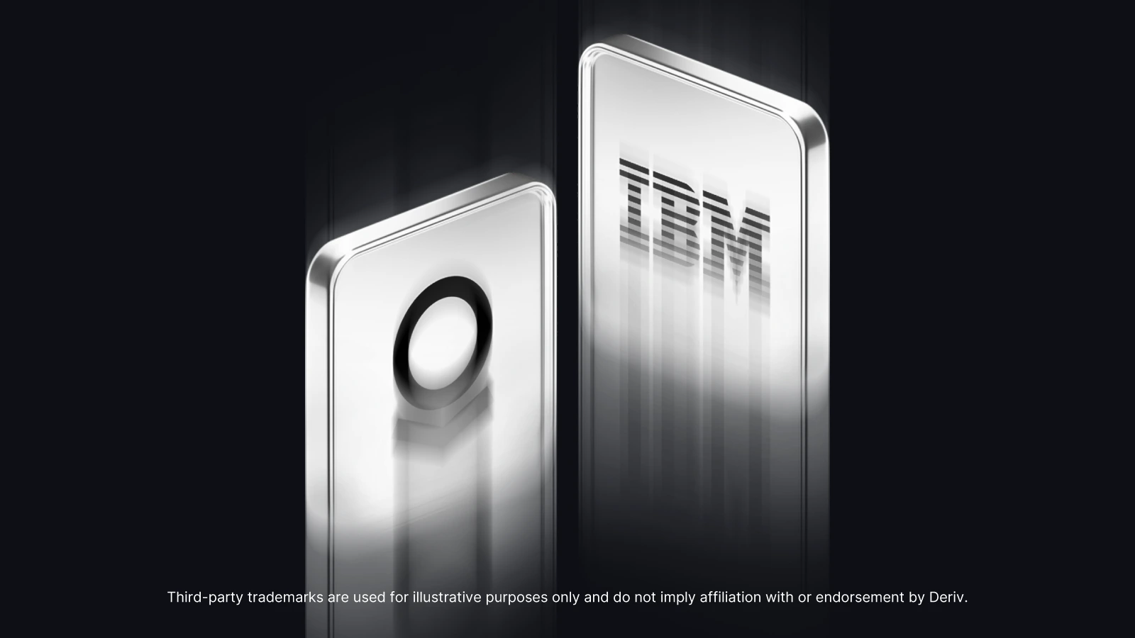 Стилизованная графика с двумя металлическими футуристическими панелями. На левой панели отображается круглый логотип PLTR, а на правой — логотип IBM с эффектом размытия движения. 