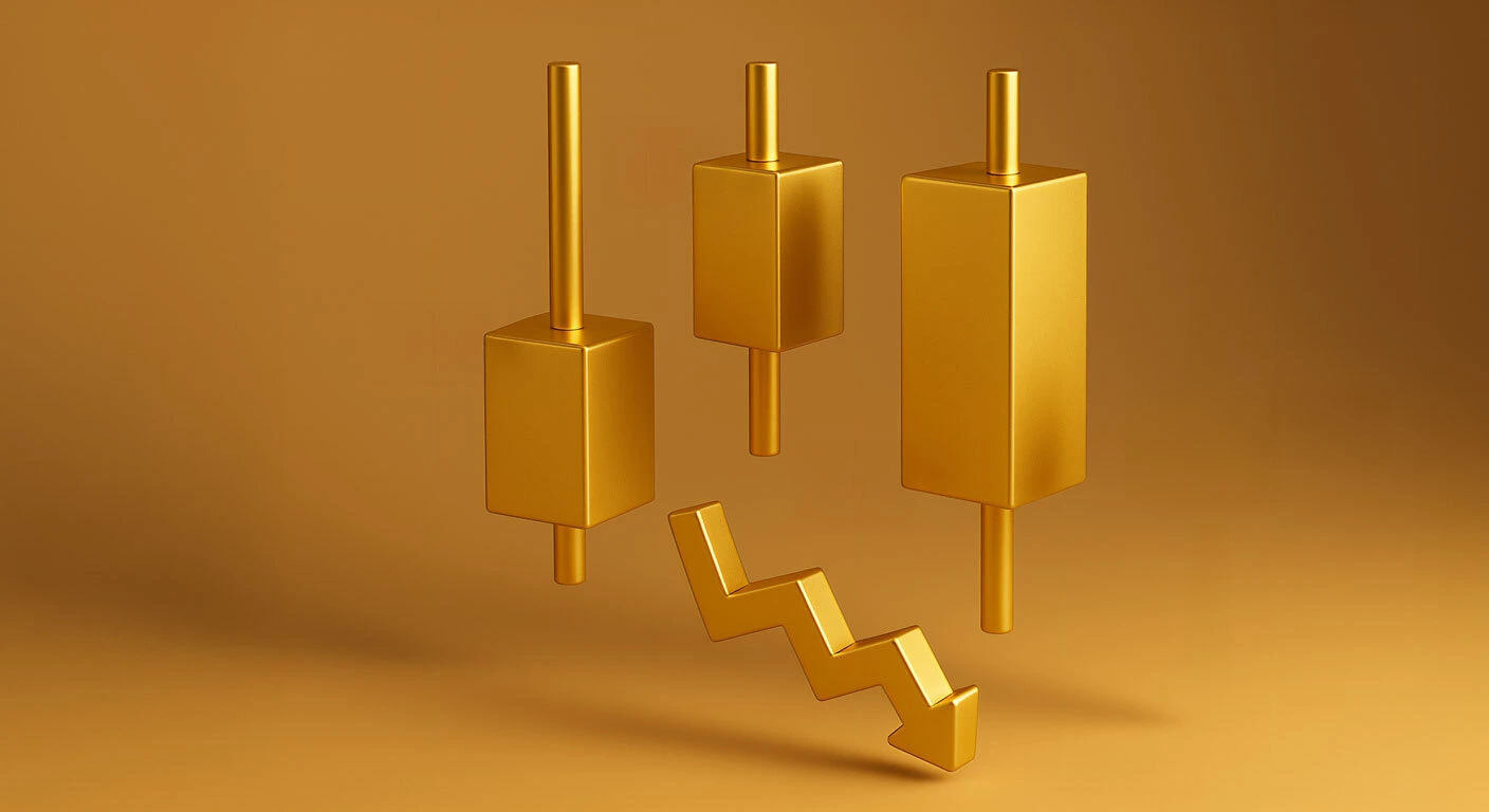 3D-иллюстрация свечных графиков цвета золота с понижательной зигзагообразной стрелкой, символизирующей неопределённость или медвежье движение цен на золото на фоне неопределенности на рынке.