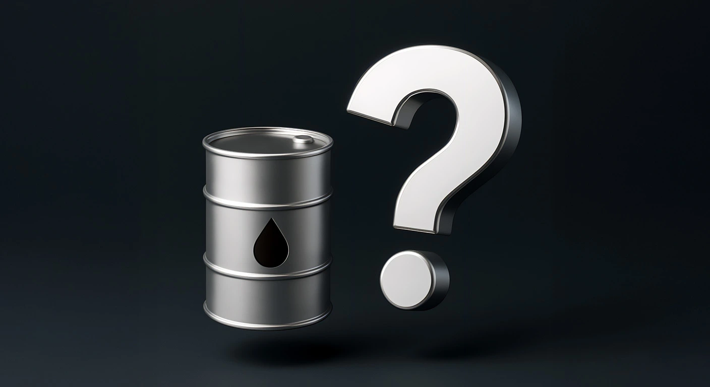 رسم ثلاثي الأبعاد لبرميل نفط فضي مع أيقونة قطرة بجانب علامة استفهام معدنية كبيرة، ترمز إلى عدم اليقين في أسواق النفط وعدم القدرة على التنبؤ بأسعار الطاقة العالمية.