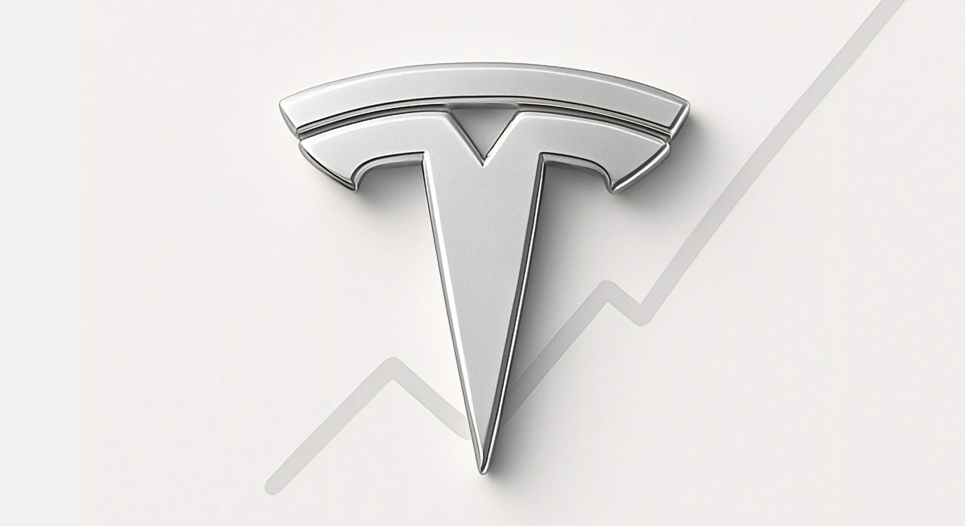Logo Tesla mạ chrome đặt chính giữa trên nền trắng, phủ lên đồ thị đường nhẹ đang tăng - tượng trưng cho hiệu suất cổ phiếu tăng hoặc động lực thị trường đang phát triển.