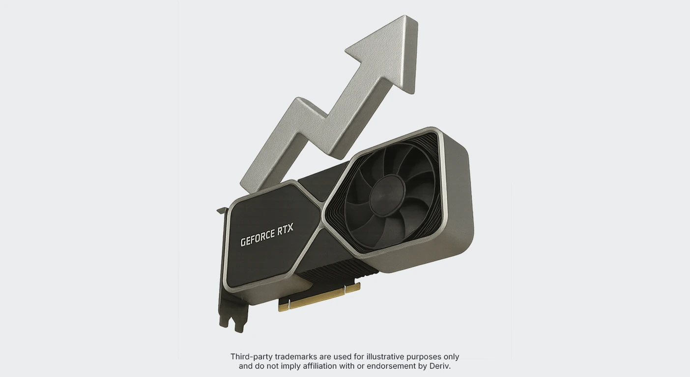 Nvidia GeForce RTX grafik kartının yukarı okla beraber illüstrasyonu, hisse fiyatı rallisini ve AI pazar momentumunu simgeliyor
