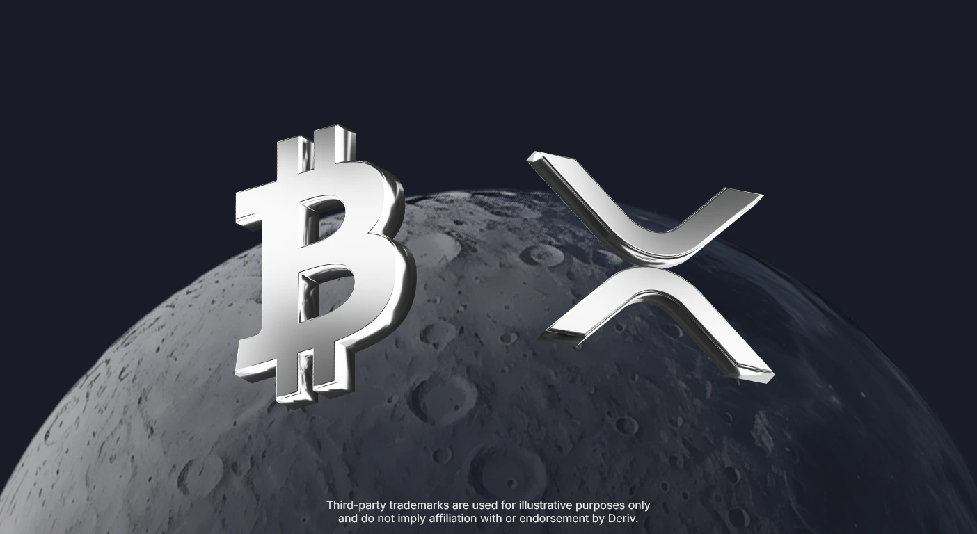 ৩ডি মেটালিক বিটকয়েন (₿) এবং XRP (X) লোগো গুলো একটি অন্ধকার চাঁদের পৃষ্ঠের ওপর ভাসছে, যা ক্রিপ্টোকারেন্সিগুলোর ‘চাঁদে ওঠার’ প্রতীক।