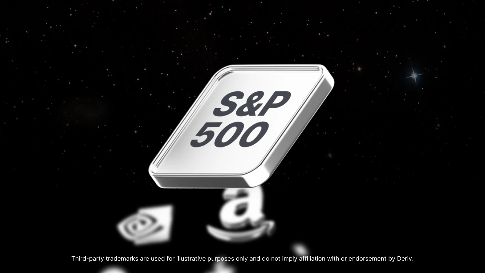 Một hình viên gạch S&P 500 được mô phỏng 3D metallic nổi trong nền không gian đầy sao, với các biểu tượng mờ của các công ty lớn như Nvidia và Amazon bên dưới.