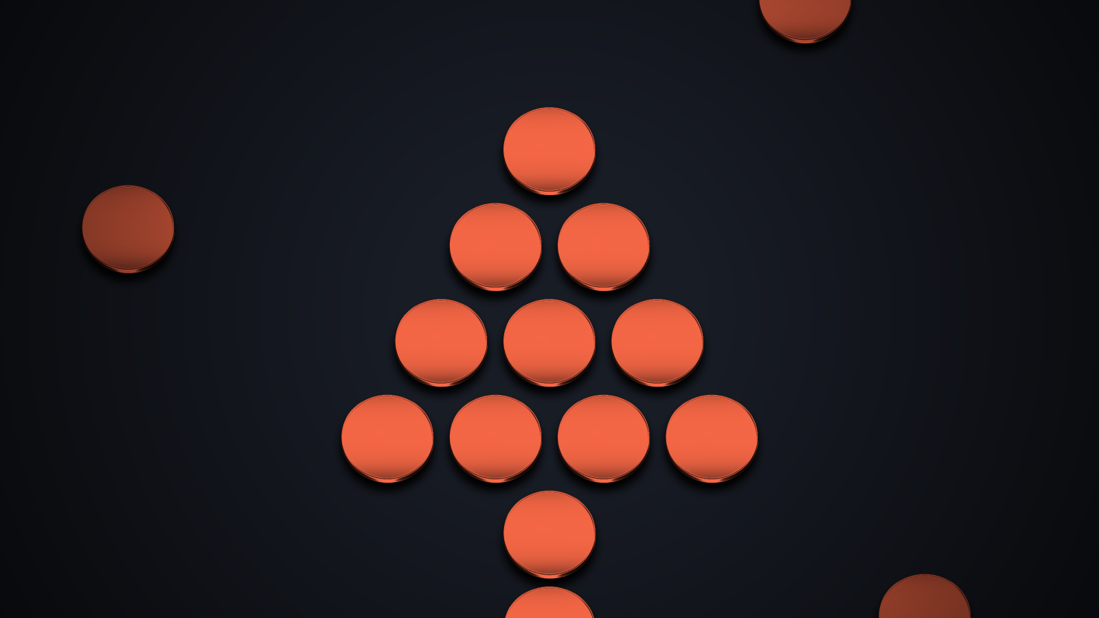 A group of orange-red circular discs arranged in an upward-pointing arrow shape against a dark background, with a few scattered discs around the arrow.